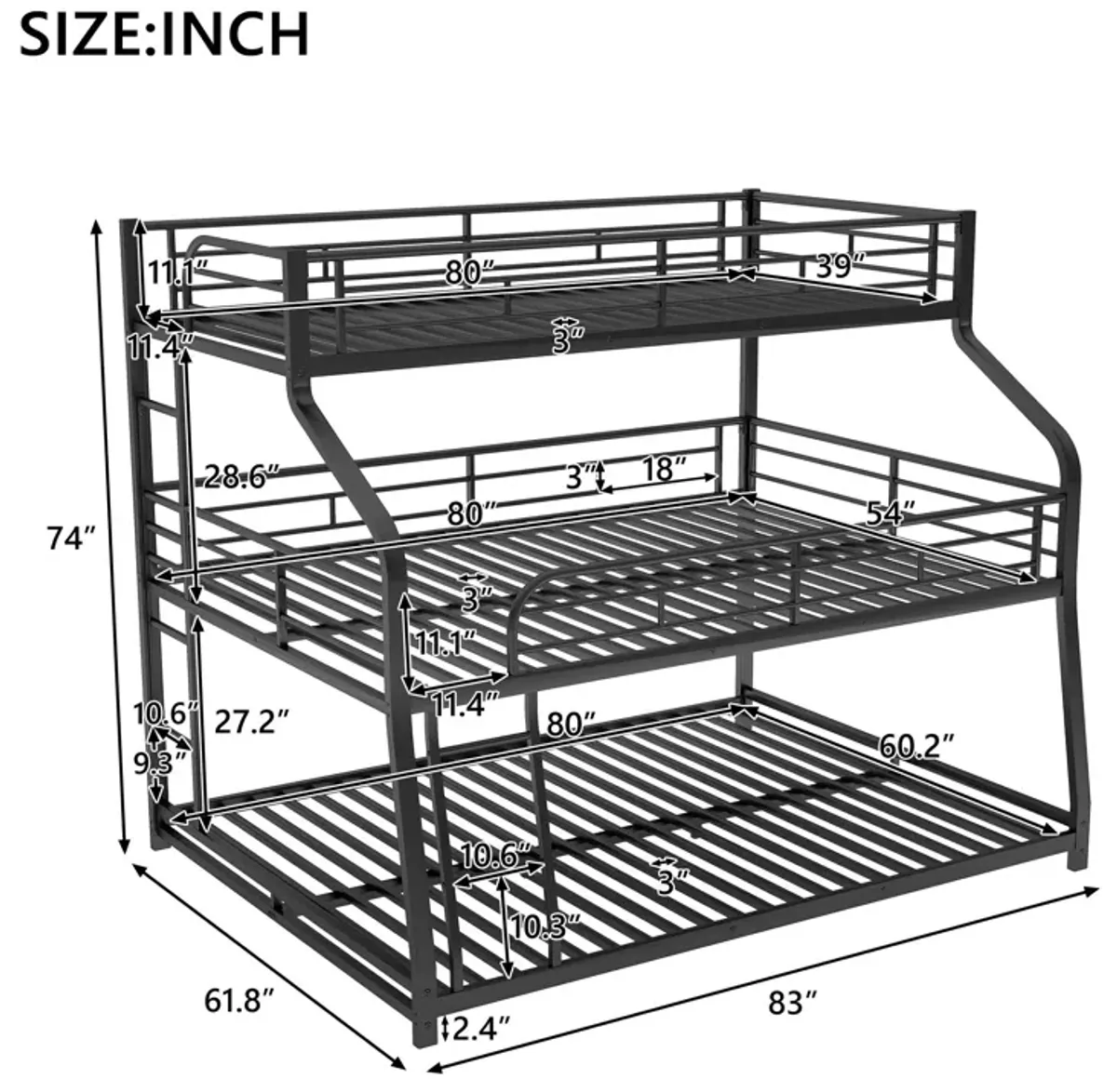 Twin Long / Full Long / Queen Triple Bunk Bed With Long And Short Ladder And Full-Length Guardrails - Black