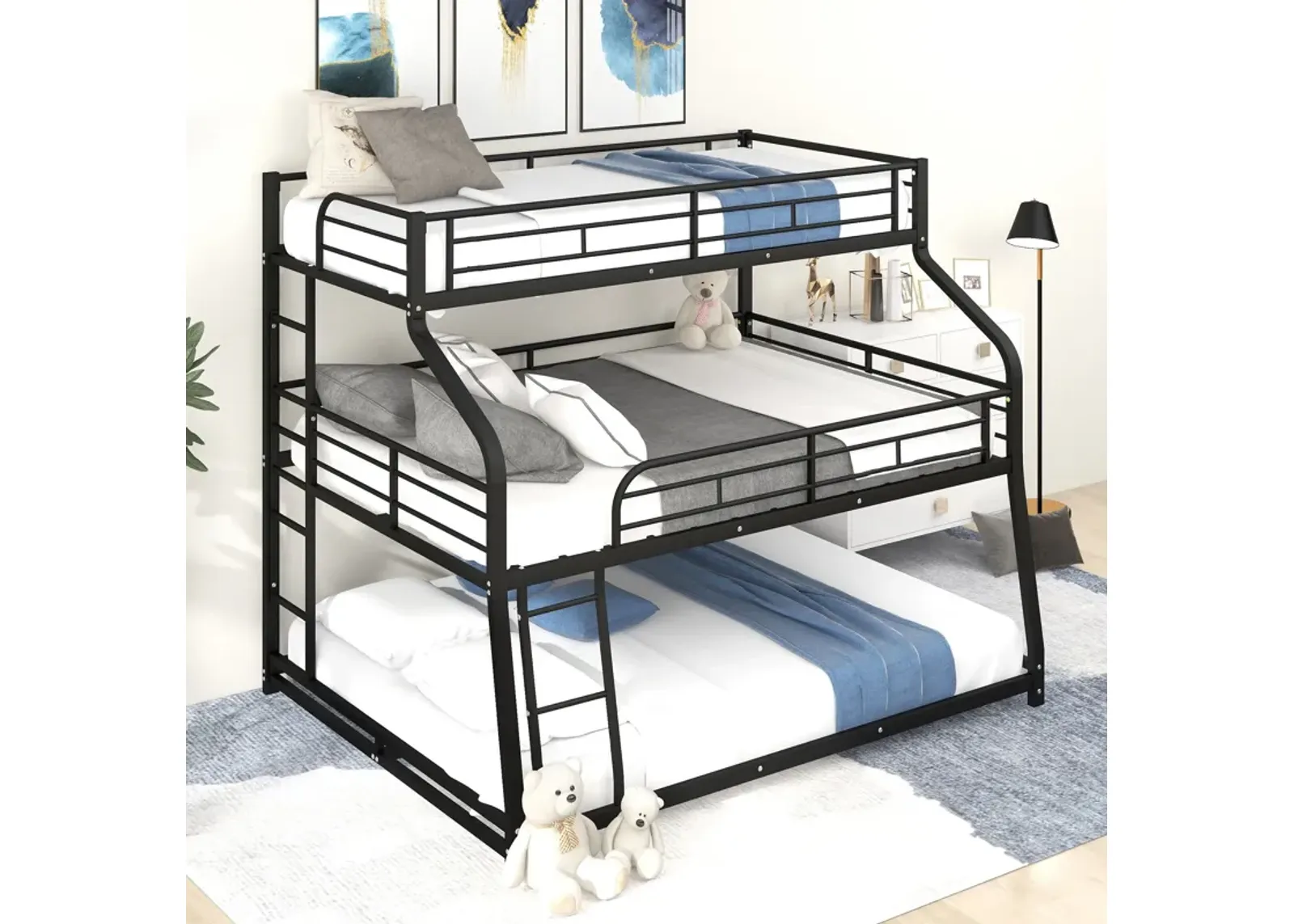 Twin Long / Full Long / Queen Triple Bunk Bed With Long And Short Ladder And Full-Length Guardrails - Black