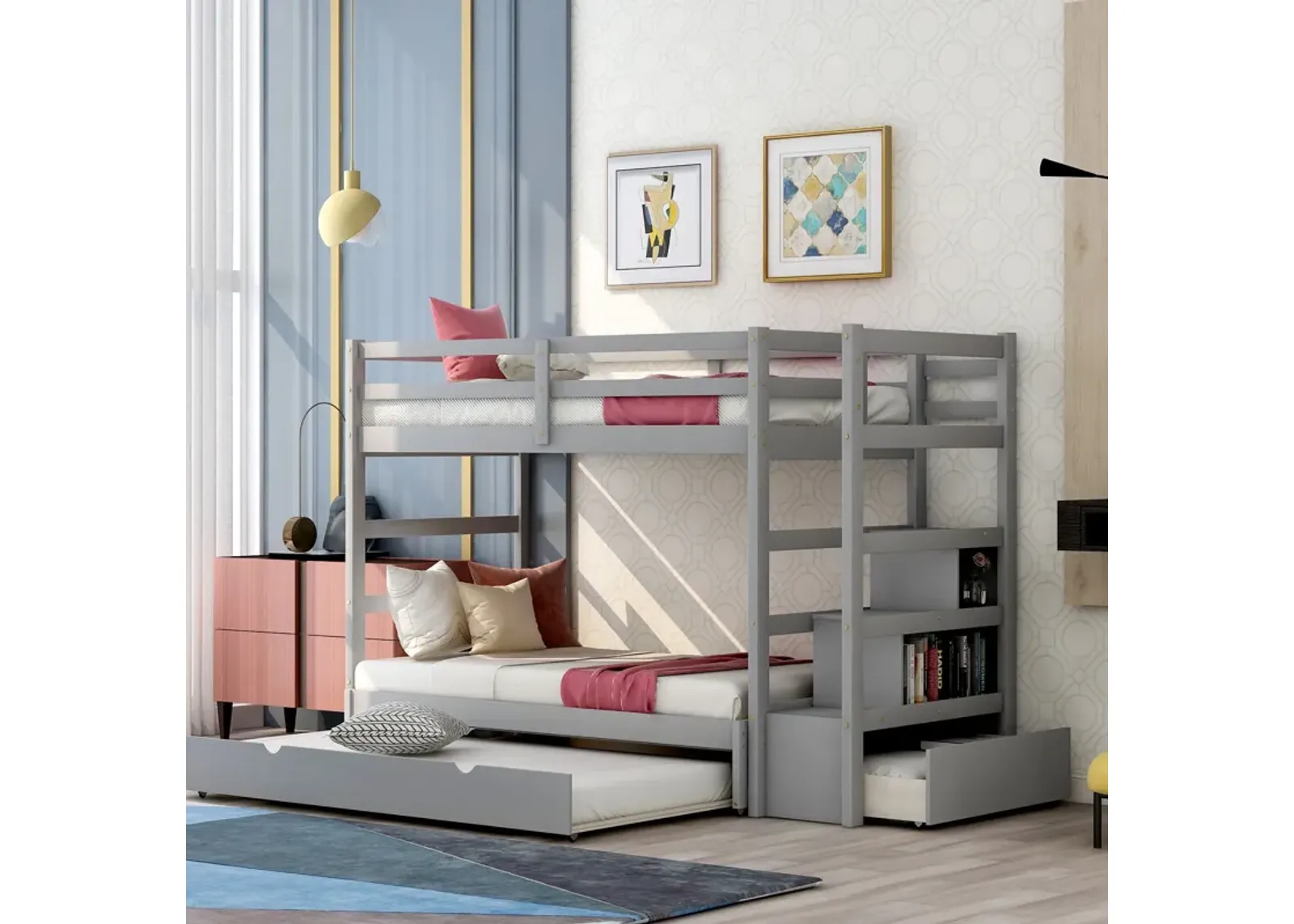 Twin Over Twin / King (Irregular King Size) Bunk Bed With Twin Size Trundle, Extendable Bunk Bed - Gray