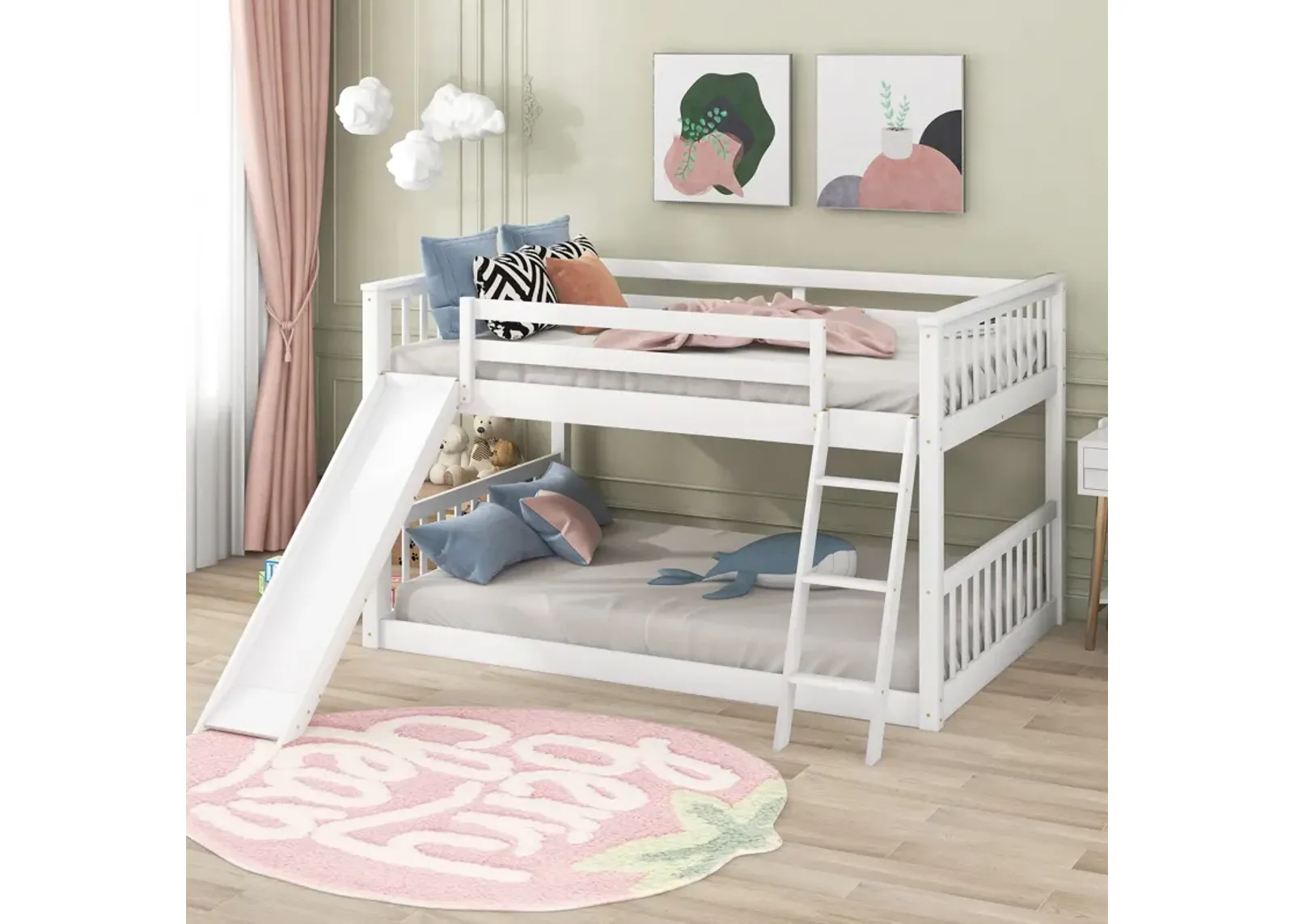 Full Over Full Bunk Bed With Convertible Slide And Ladder - White