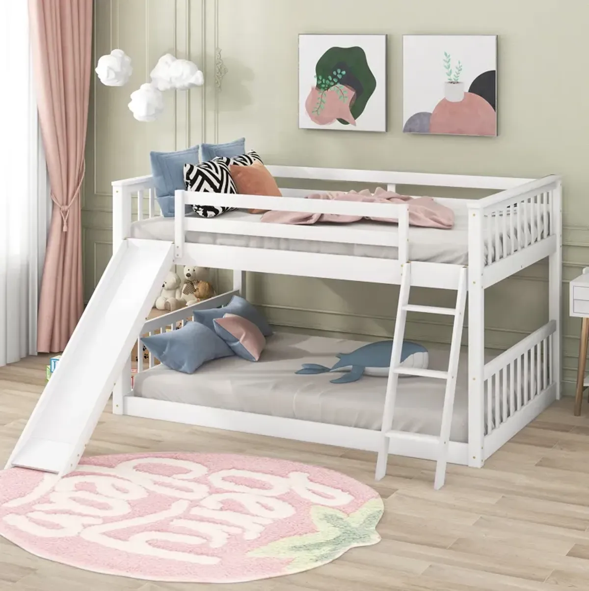 Full Over Full Bunk Bed With Convertible Slide And Ladder - White