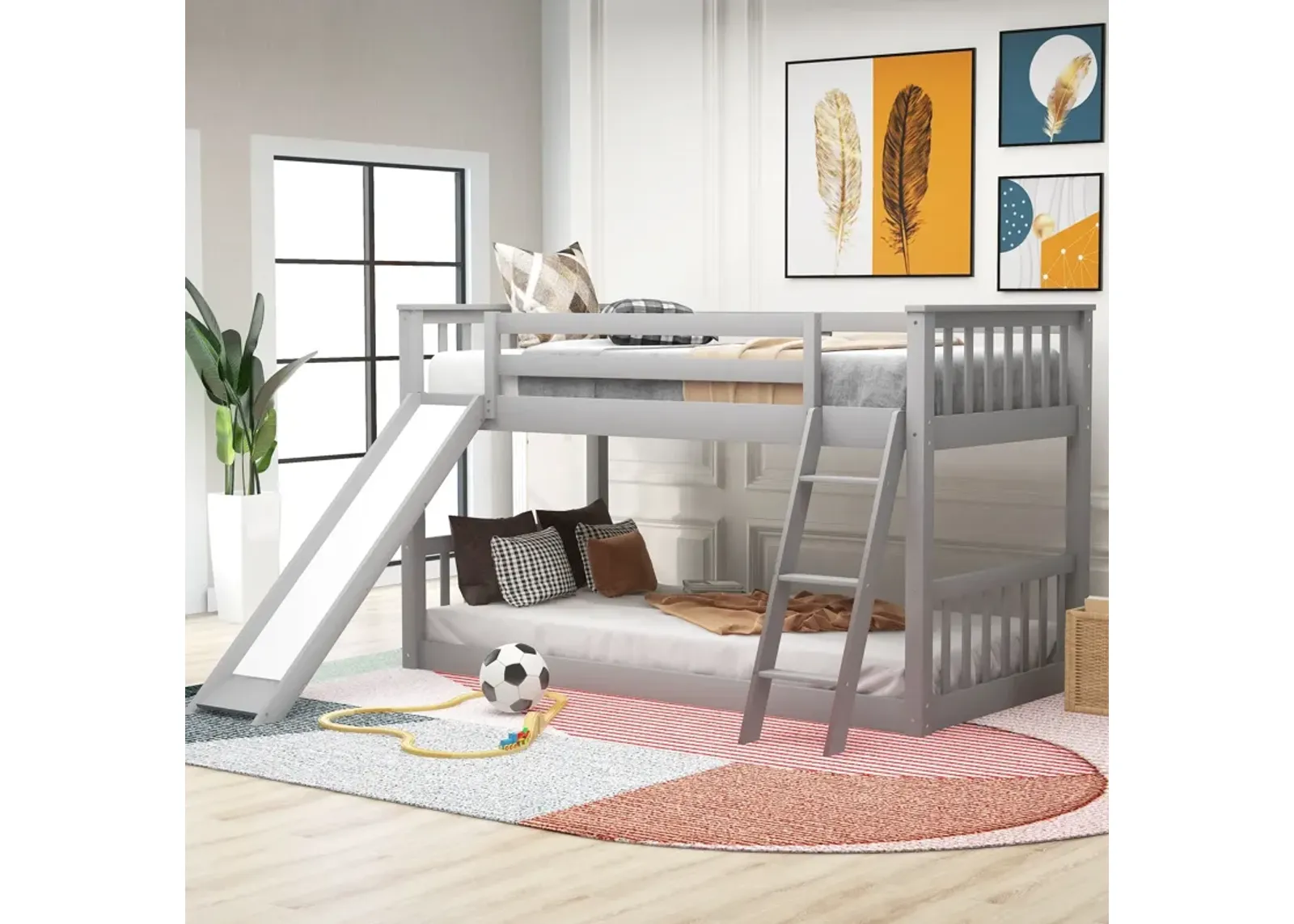 Twin Over Twin Bunk Bed With Convertible Slide And Ladder - Gray