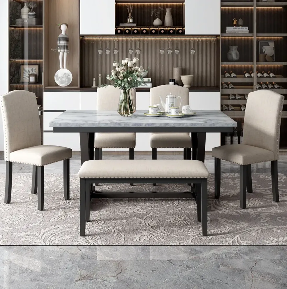 6 Piece Dining Table Modern Style With 4 Chairs & 1 Bench, Table With Marbled Veneers Tabletop And V-Shaped Table Legs - White