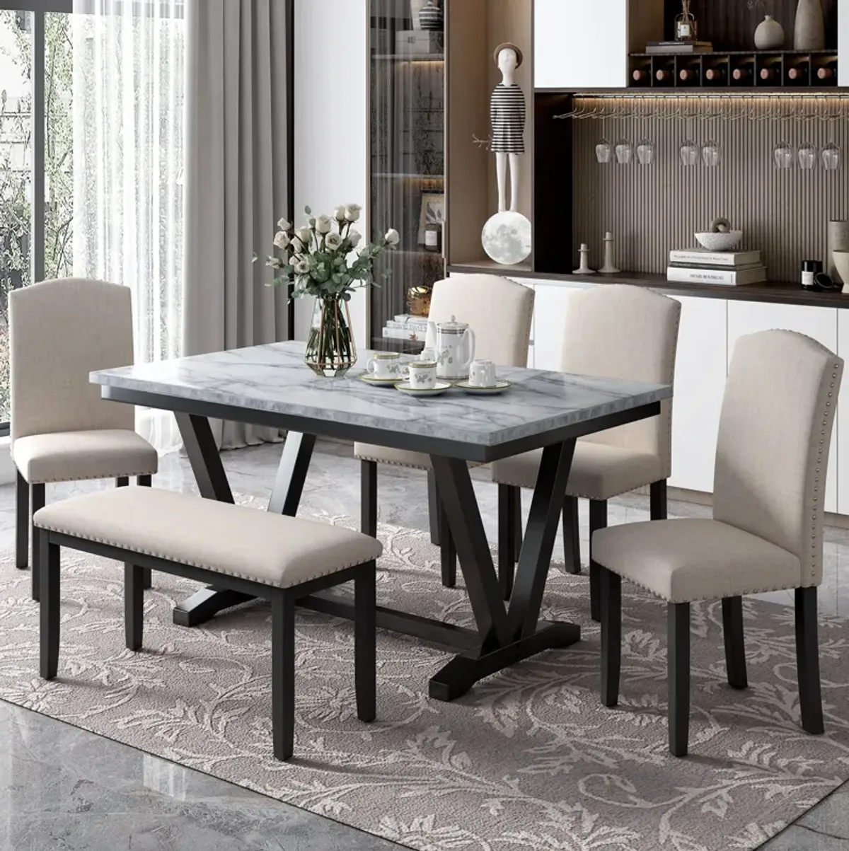 6 Piece Dining Table Modern Style With 4 Chairs & 1 Bench, Table With Marbled Veneers Tabletop And V-Shaped Table Legs - White