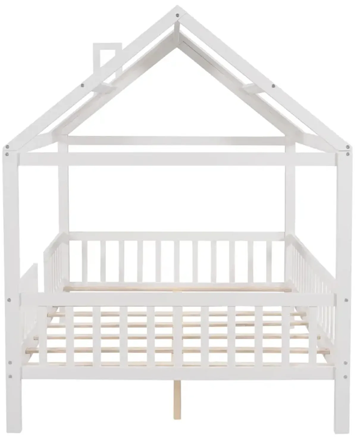 Full Size Wood House Bed With Fence - White