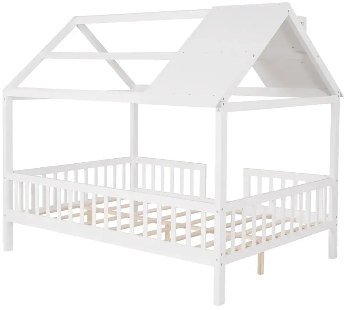 Full Size Wood House Bed With Fence - White