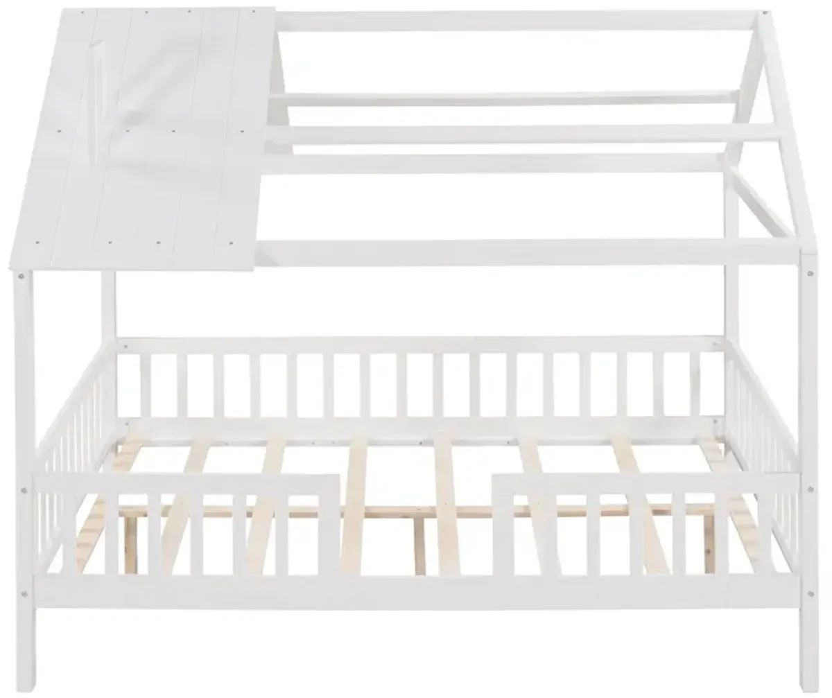 Full Size Wood House Bed With Fence - White