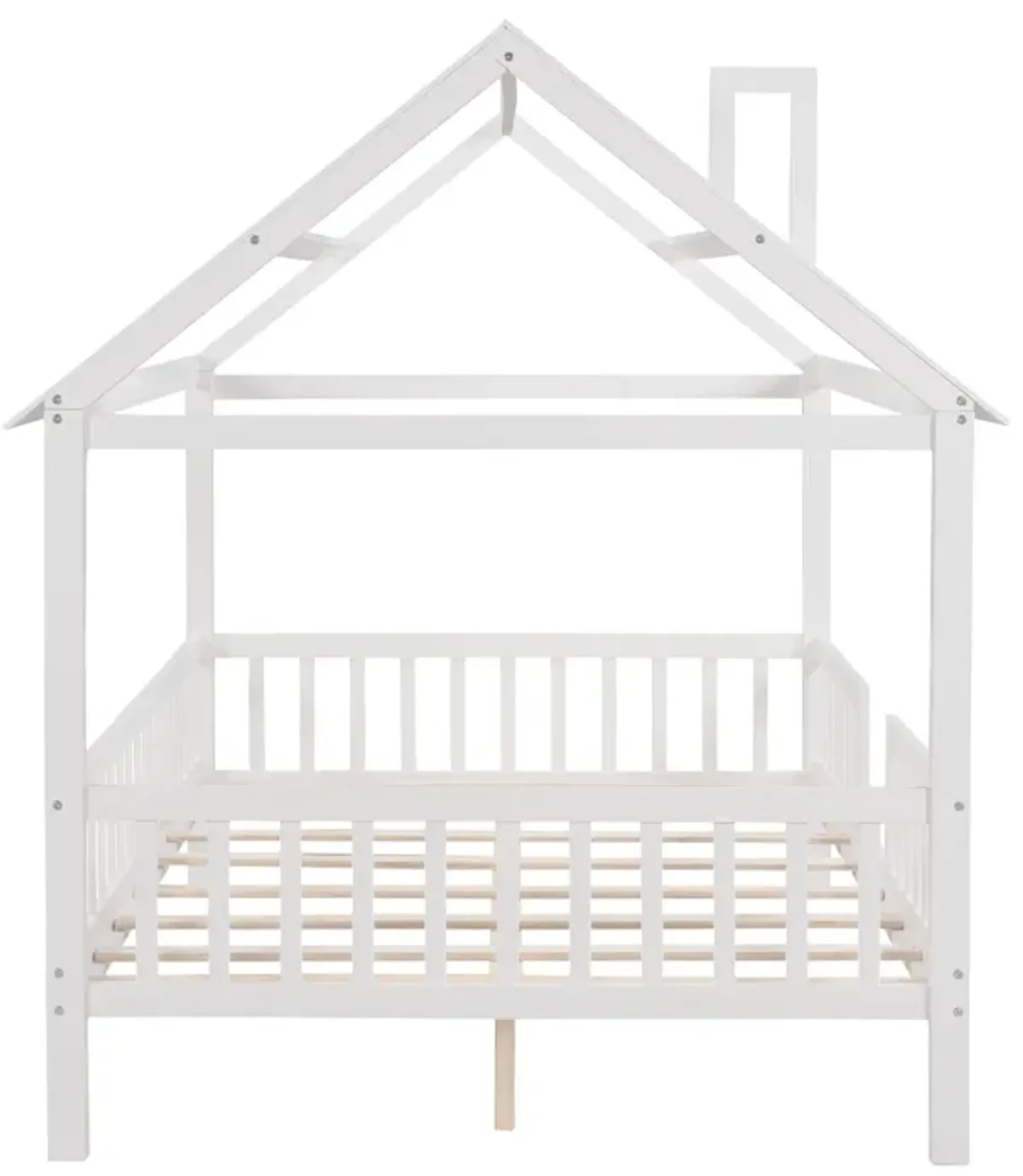 Full Size Wood House Bed With Fence - White