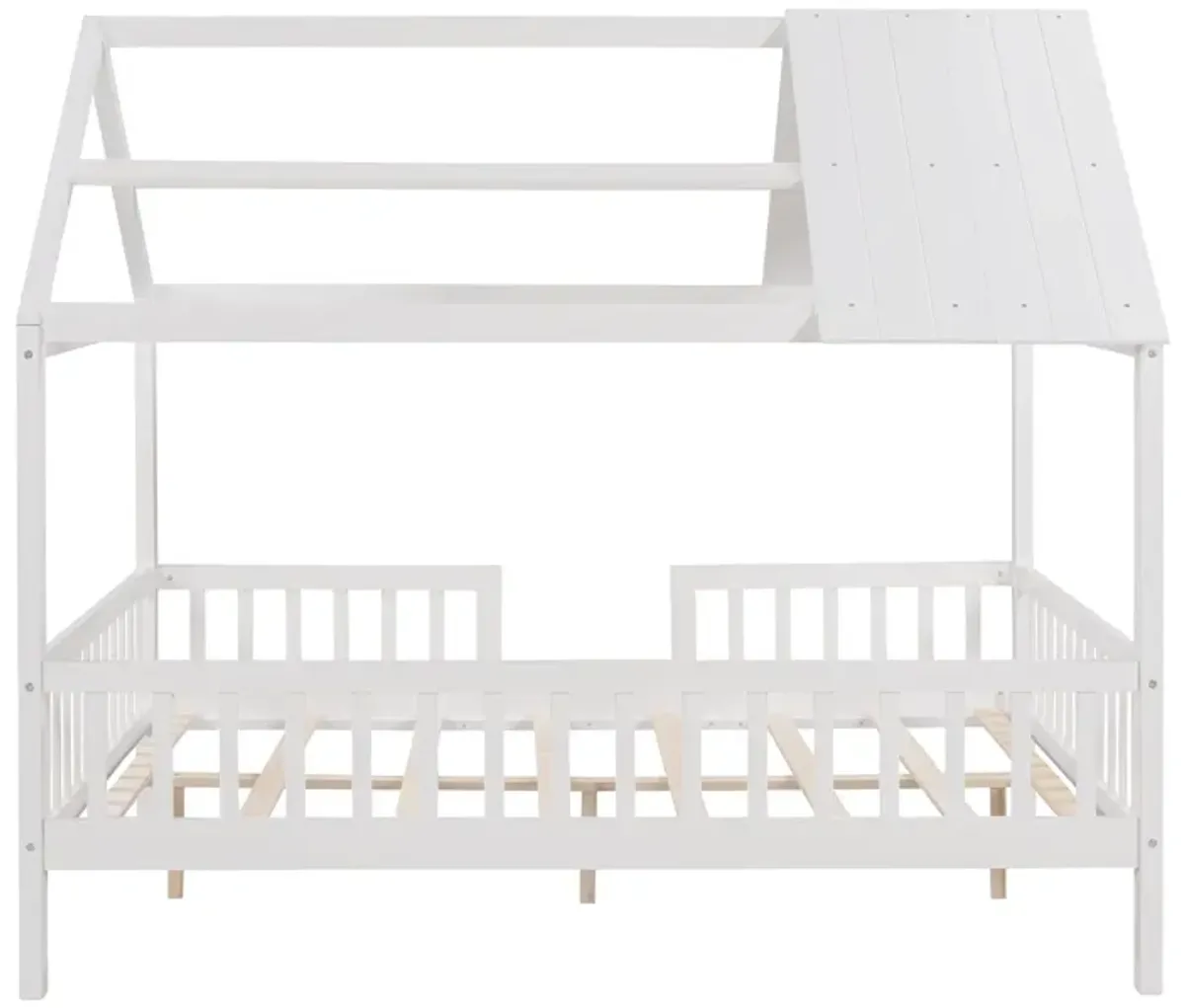 Full Size Wood House Bed With Fence - White