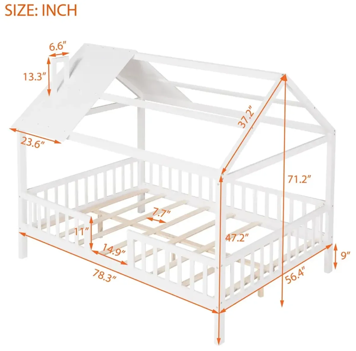 Full Size Wood House Bed With Fence - White