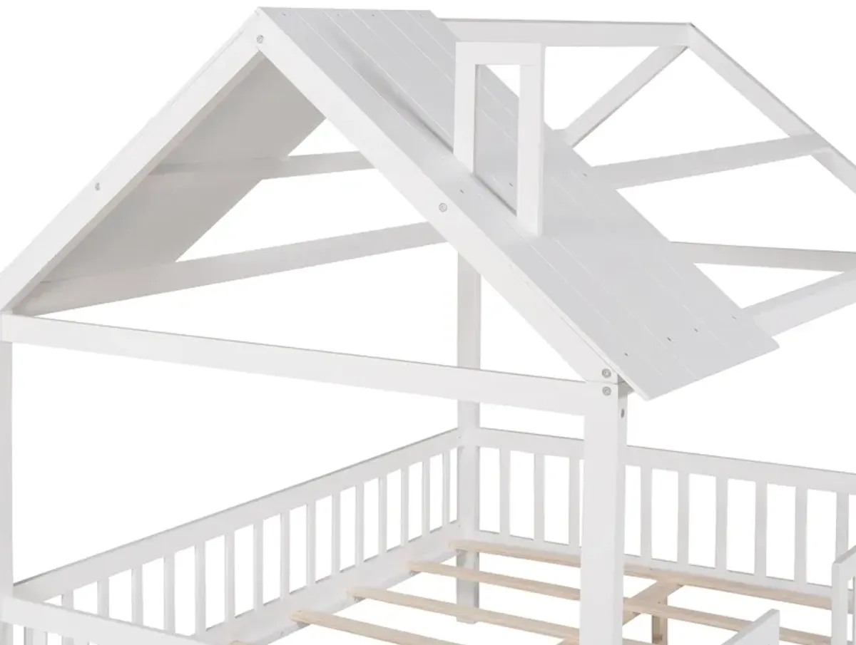 Full Size Wood House Bed With Fence - White