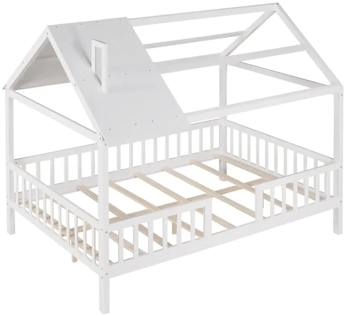 Full Size Wood House Bed With Fence - White