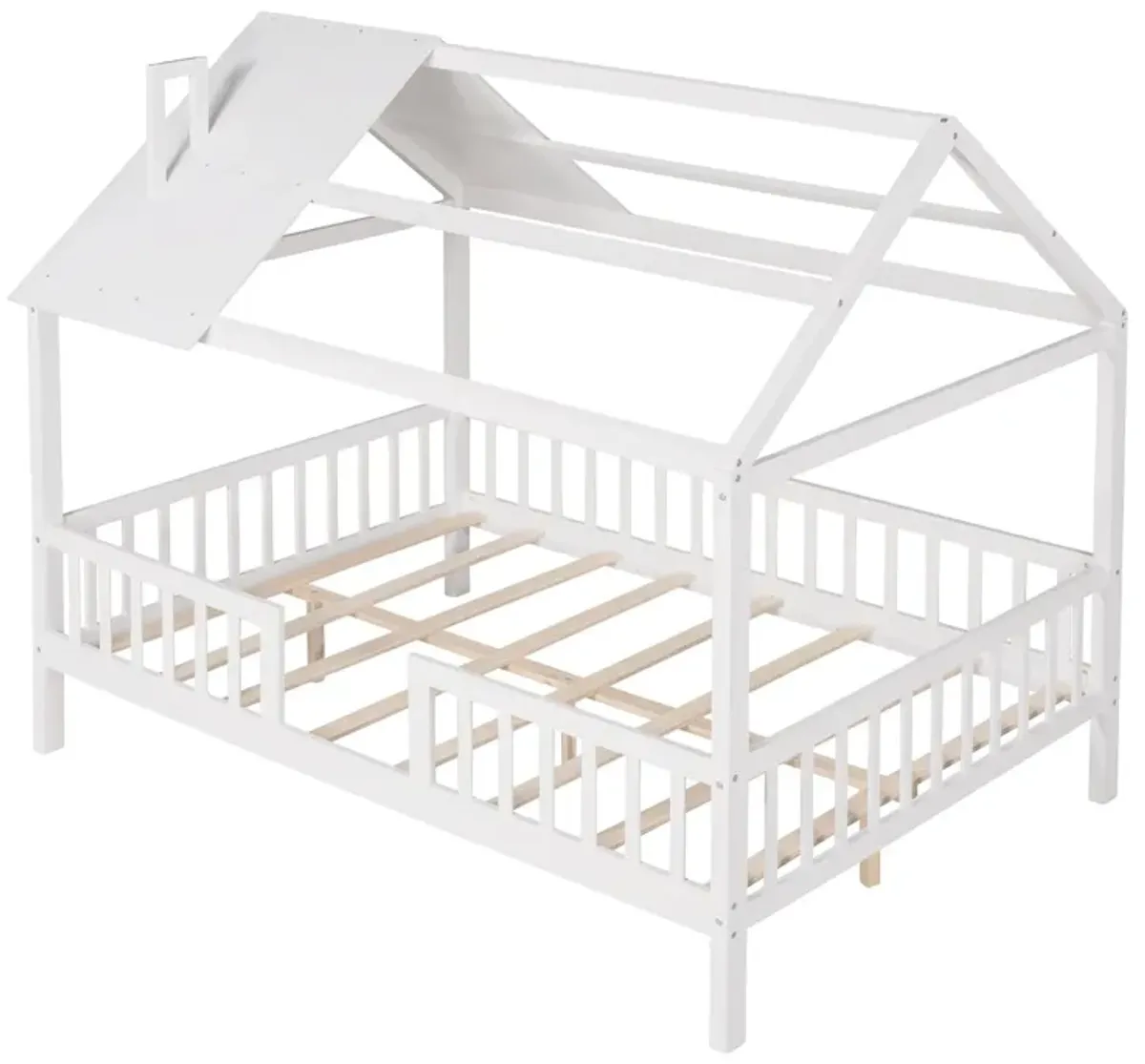 Full Size Wood House Bed With Fence - White