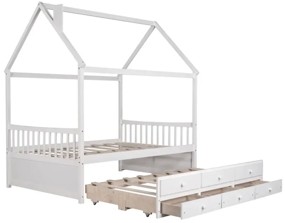 Full Size Wooden House Bed With Trundle And 3 Storage Drawers - White