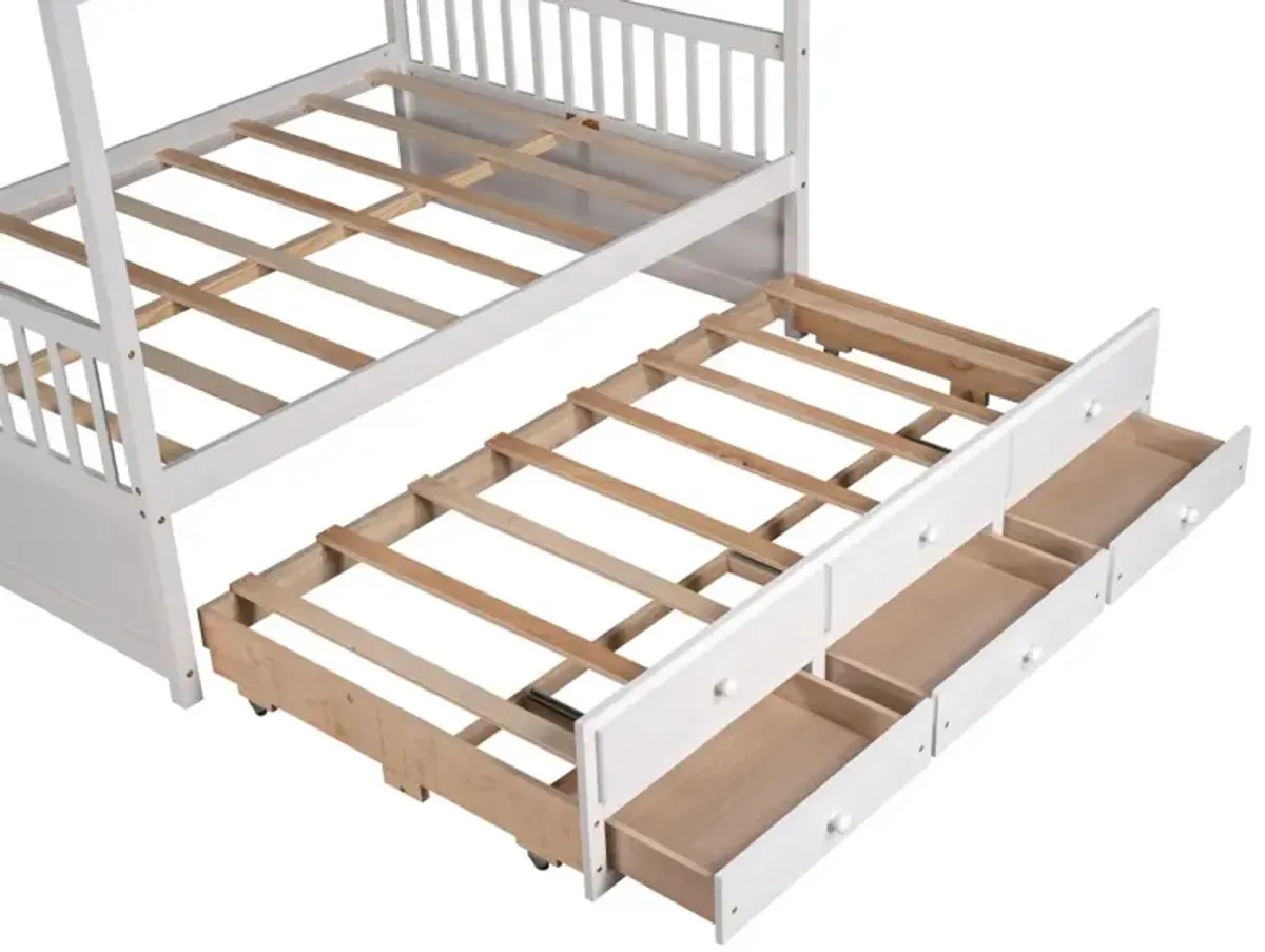 Full Size Wooden House Bed With Trundle And 3 Storage Drawers - White