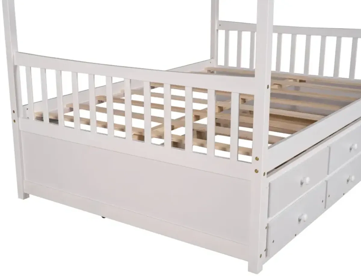 Full Size Wooden House Bed With Trundle And 3 Storage Drawers - White