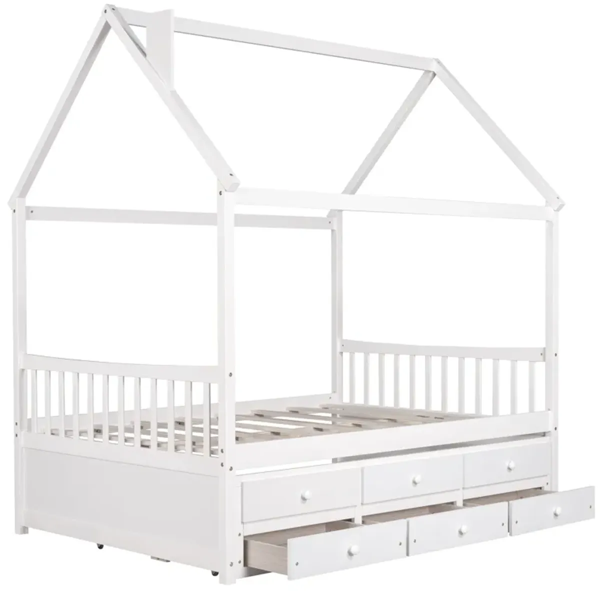 Full Size Wooden House Bed With Trundle And 3 Storage Drawers - White