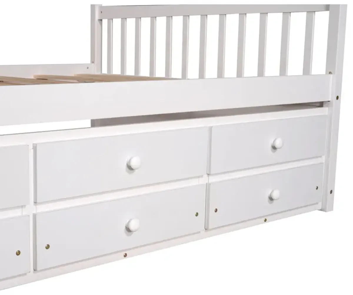 Full Size Wooden House Bed With Trundle And 3 Storage Drawers - White