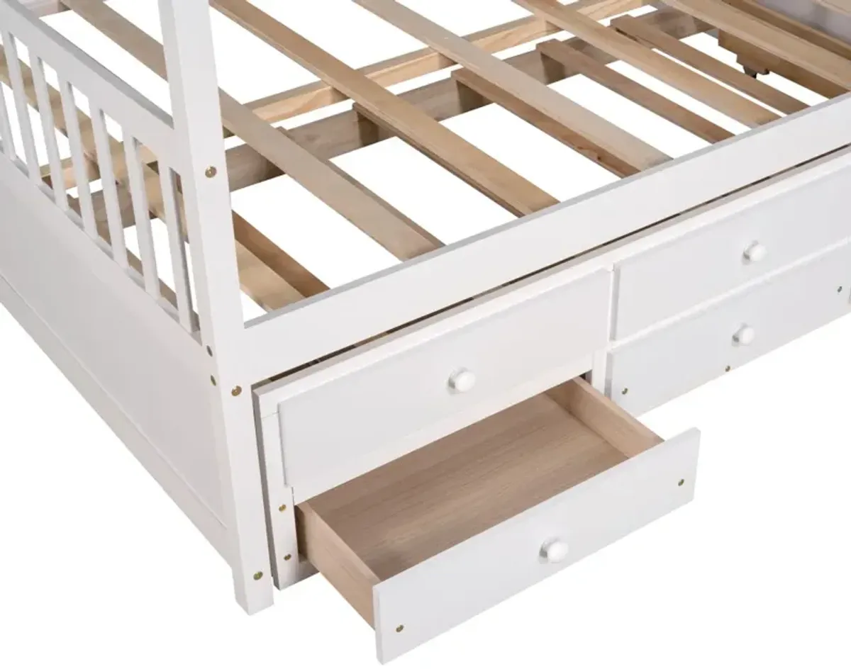 Full Size Wooden House Bed With Trundle And 3 Storage Drawers - White