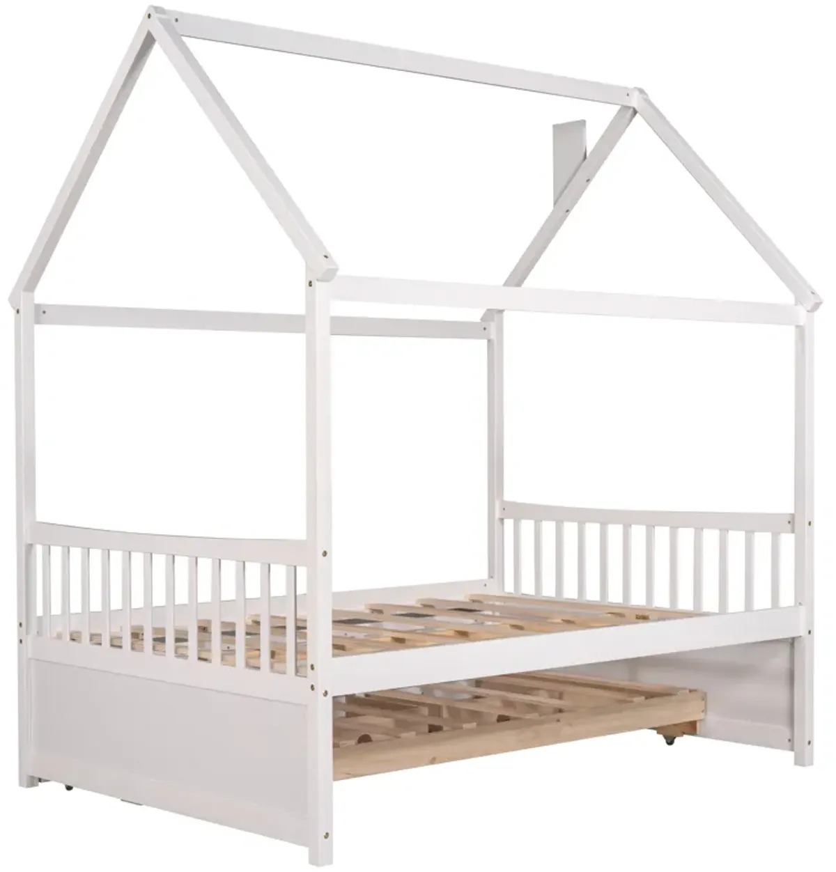 Full Size Wooden House Bed With Trundle And 3 Storage Drawers - White