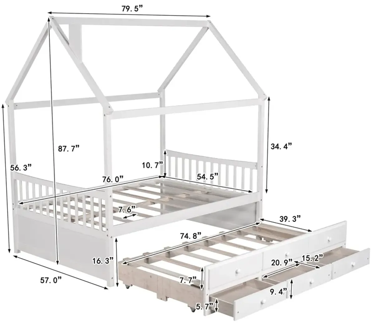 Full Size Wooden House Bed With Trundle And 3 Storage Drawers - White