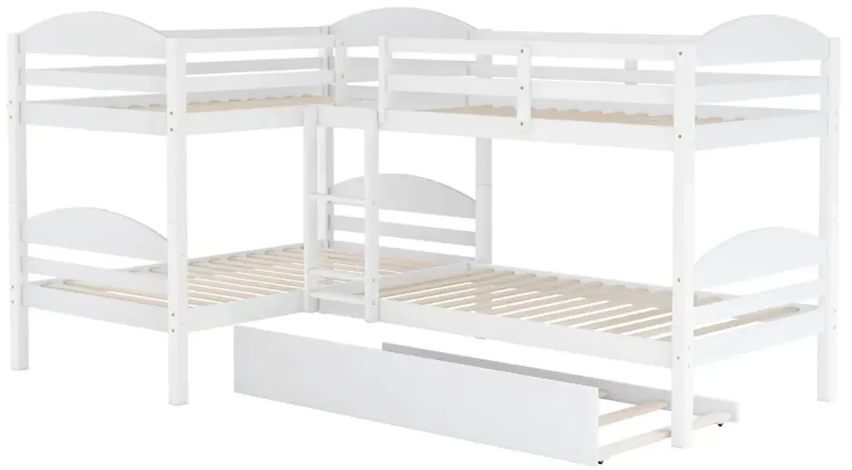 Twin L-Shaped Bunk Bed With Trundle - White