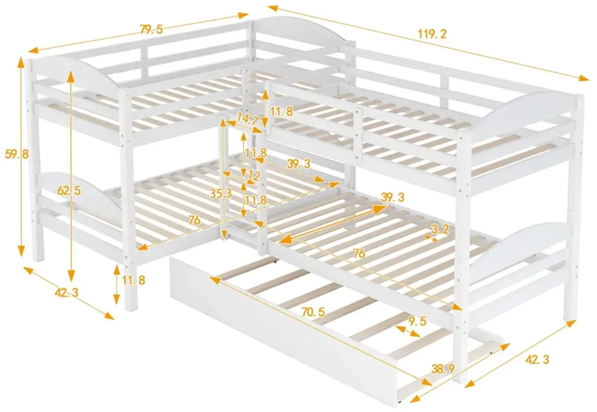 Twin L-Shaped Bunk Bed With Trundle - White