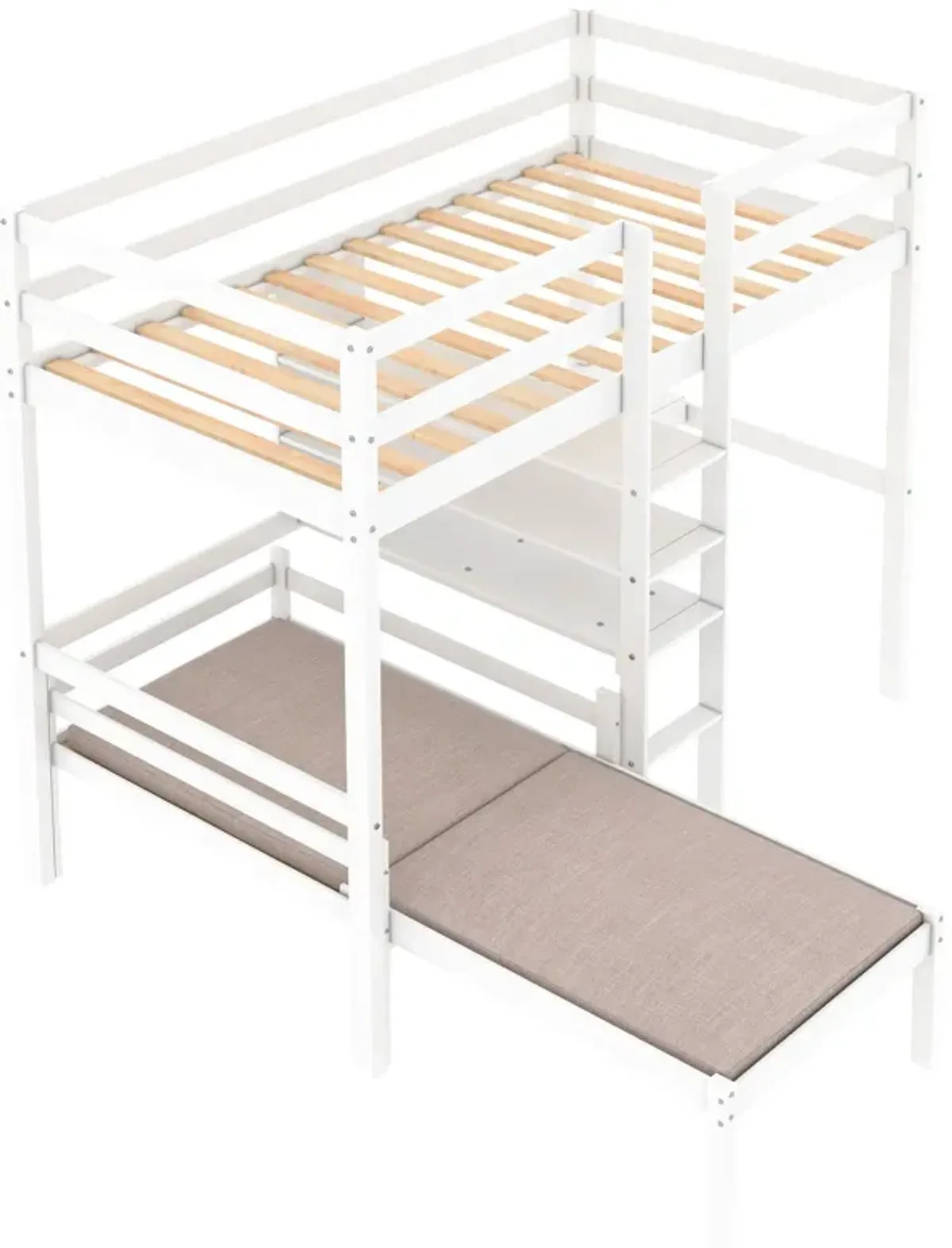 Convertible Loft Bed With L-Shape Desk, Twin Bunk Bed With Shelves And Ladder - White