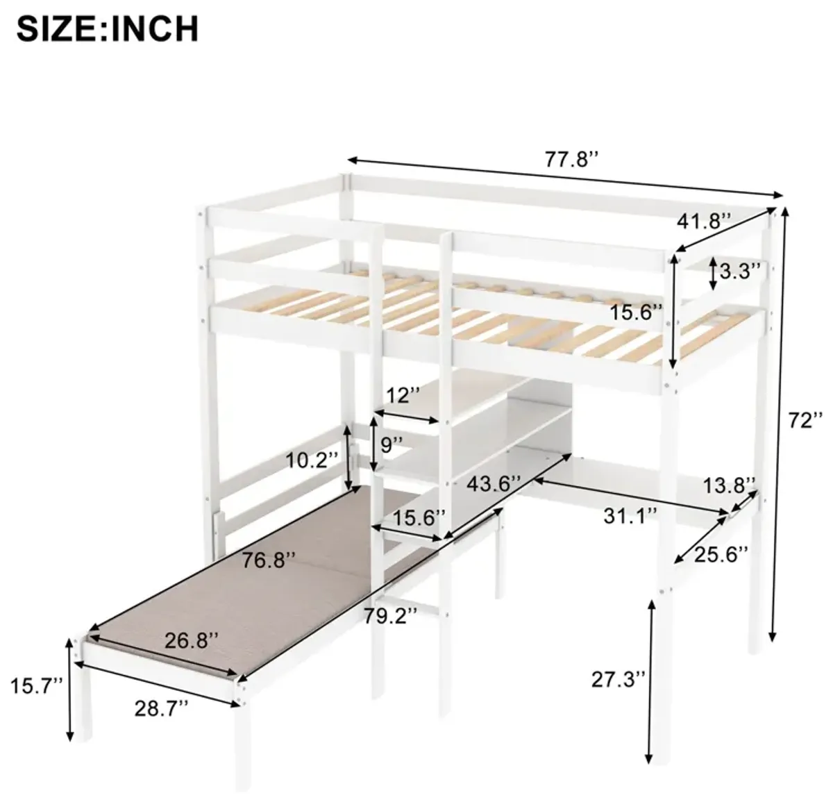 Convertible Loft Bed With L-Shape Desk, Twin Bunk Bed With Shelves And Ladder - White