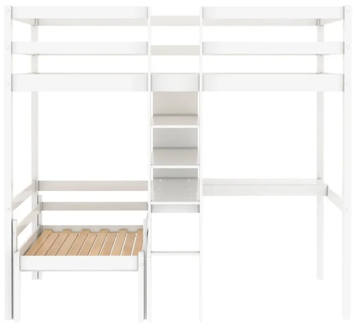 Convertible Loft Bed With L-Shape Desk, Twin Bunk Bed With Shelves And Ladder - White