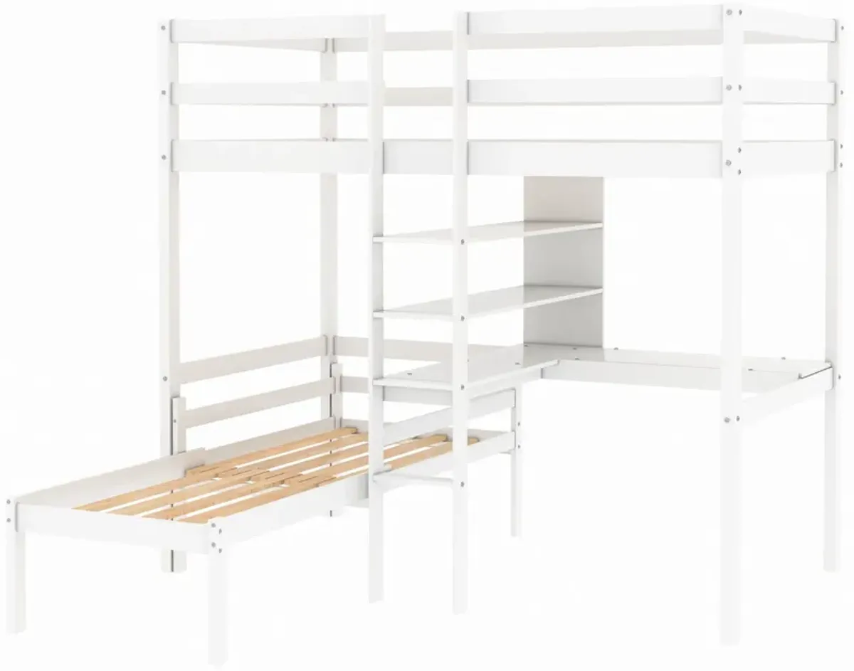 Convertible Loft Bed With L-Shape Desk, Twin Bunk Bed With Shelves And Ladder - White