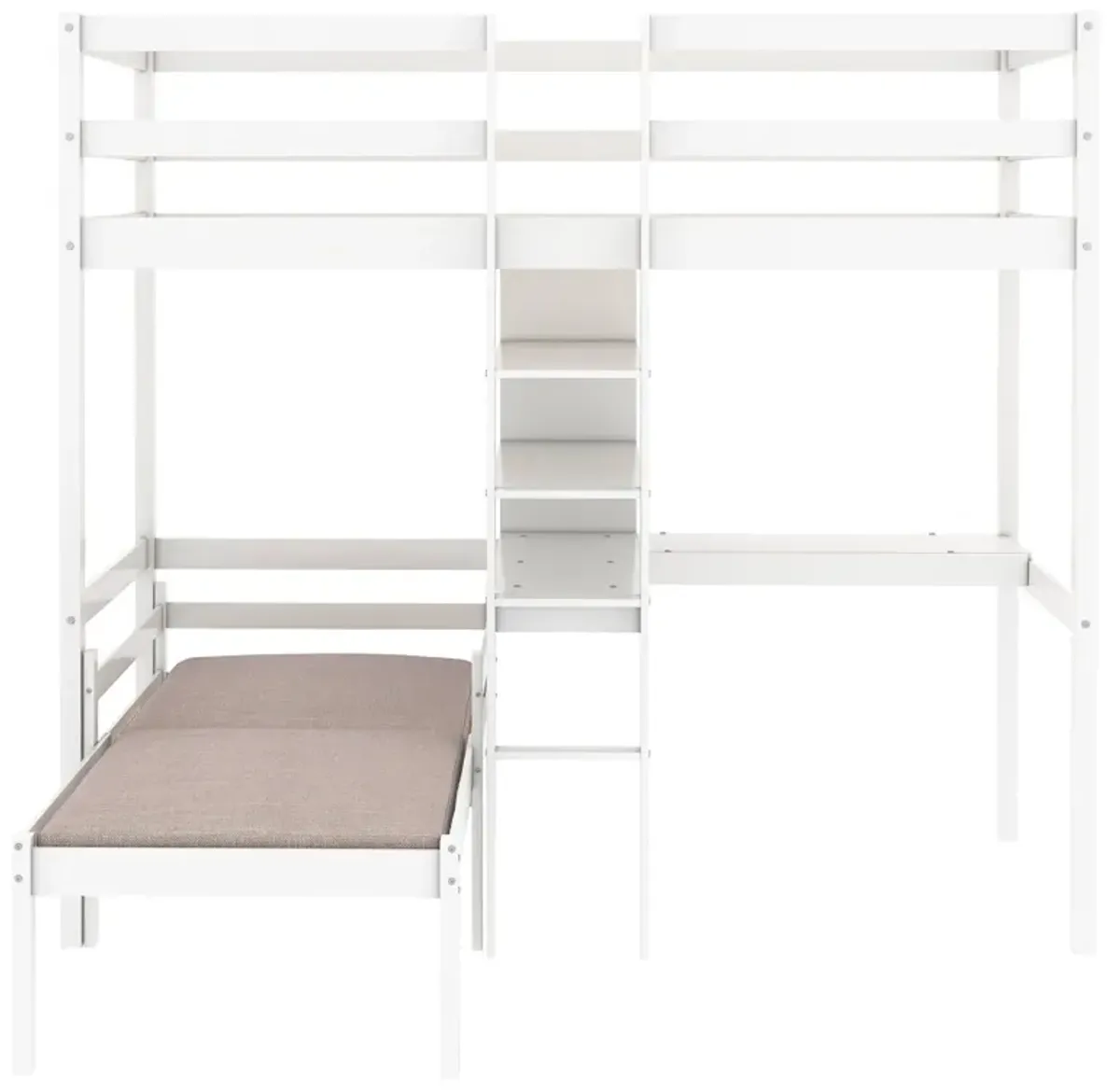 Convertible Loft Bed With L-Shape Desk, Twin Bunk Bed With Shelves And Ladder - White