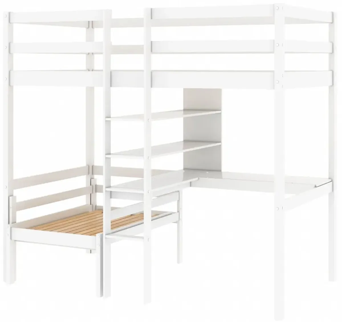 Convertible Loft Bed With L-Shape Desk, Twin Bunk Bed With Shelves And Ladder - White