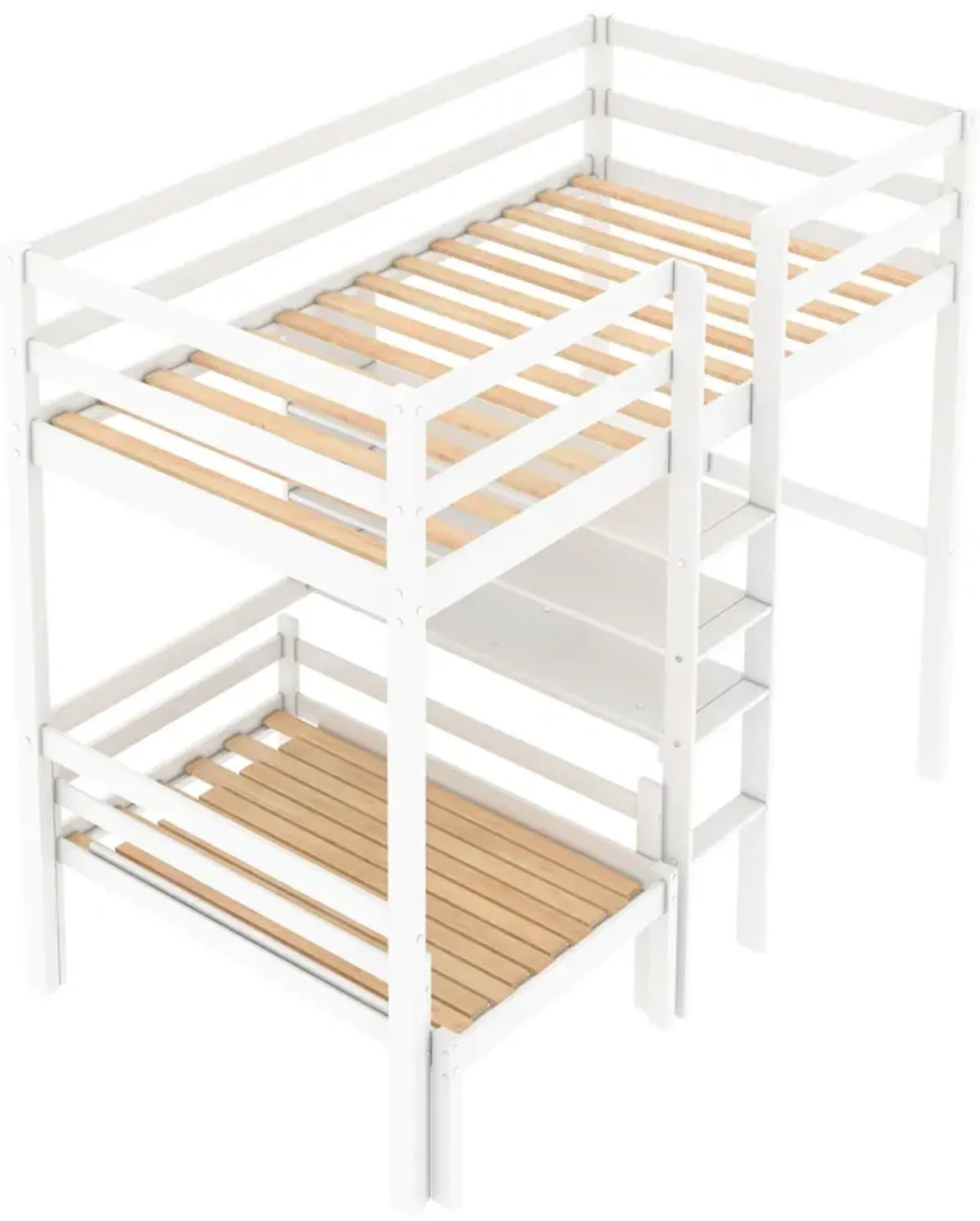 Convertible Loft Bed With L-Shape Desk, Twin Bunk Bed With Shelves And Ladder - White