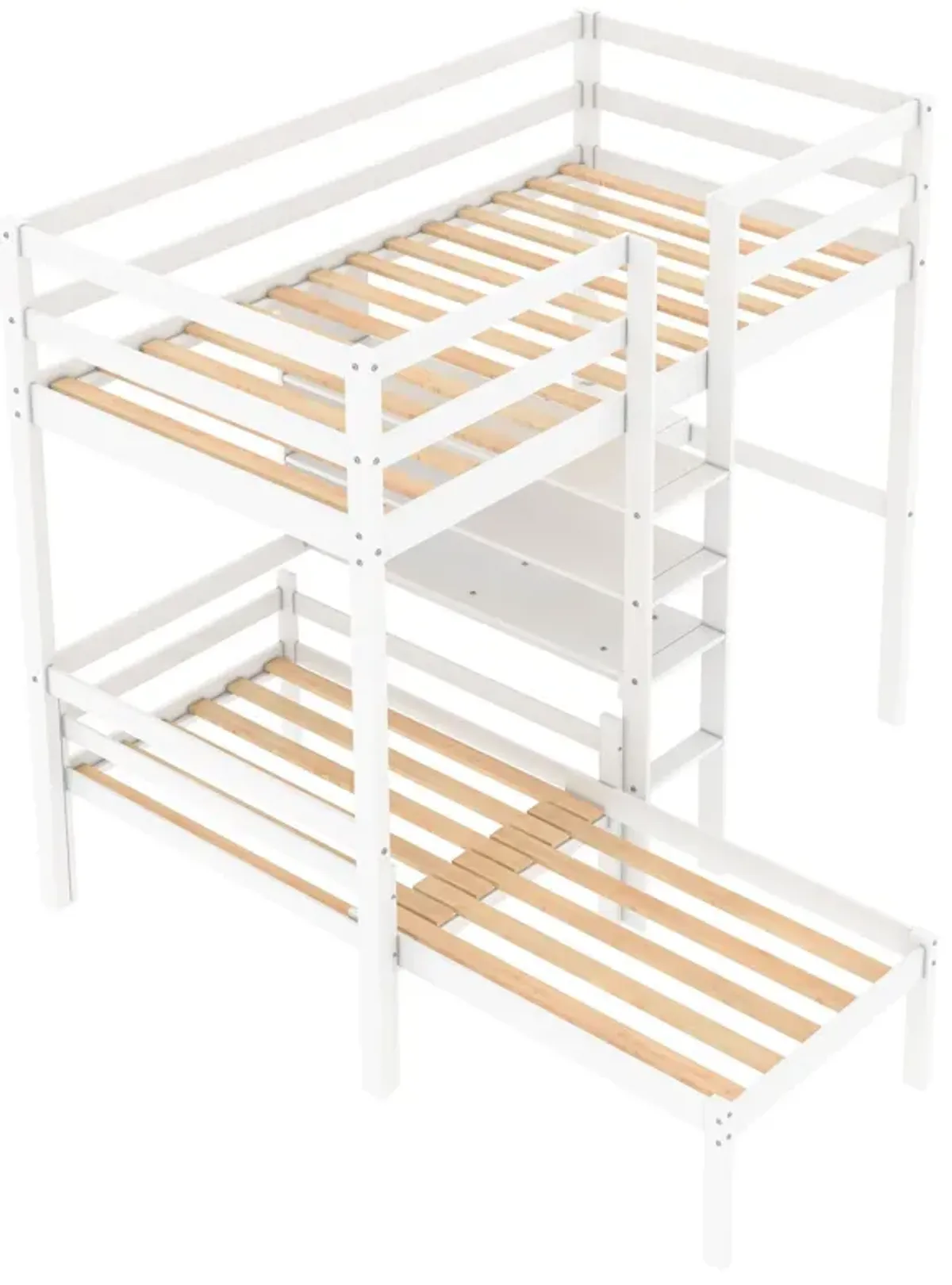 Convertible Loft Bed With L-Shape Desk, Twin Bunk Bed With Shelves And Ladder - White