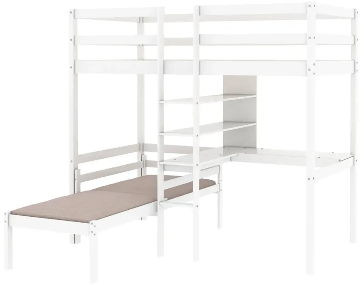 Convertible Loft Bed With L-Shape Desk, Twin Bunk Bed With Shelves And Ladder - White