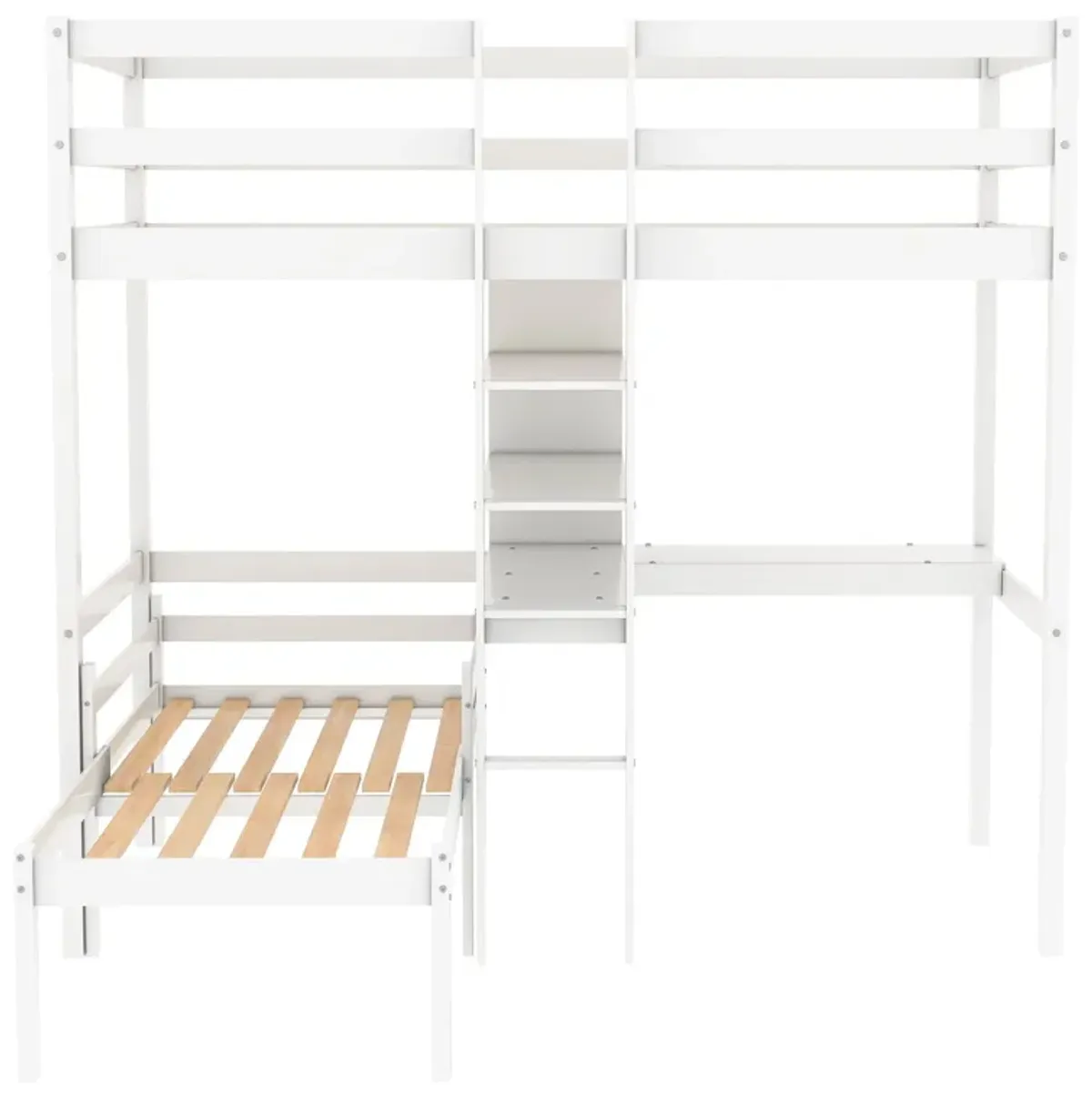 Convertible Loft Bed With L-Shape Desk, Twin Bunk Bed With Shelves And Ladder - White