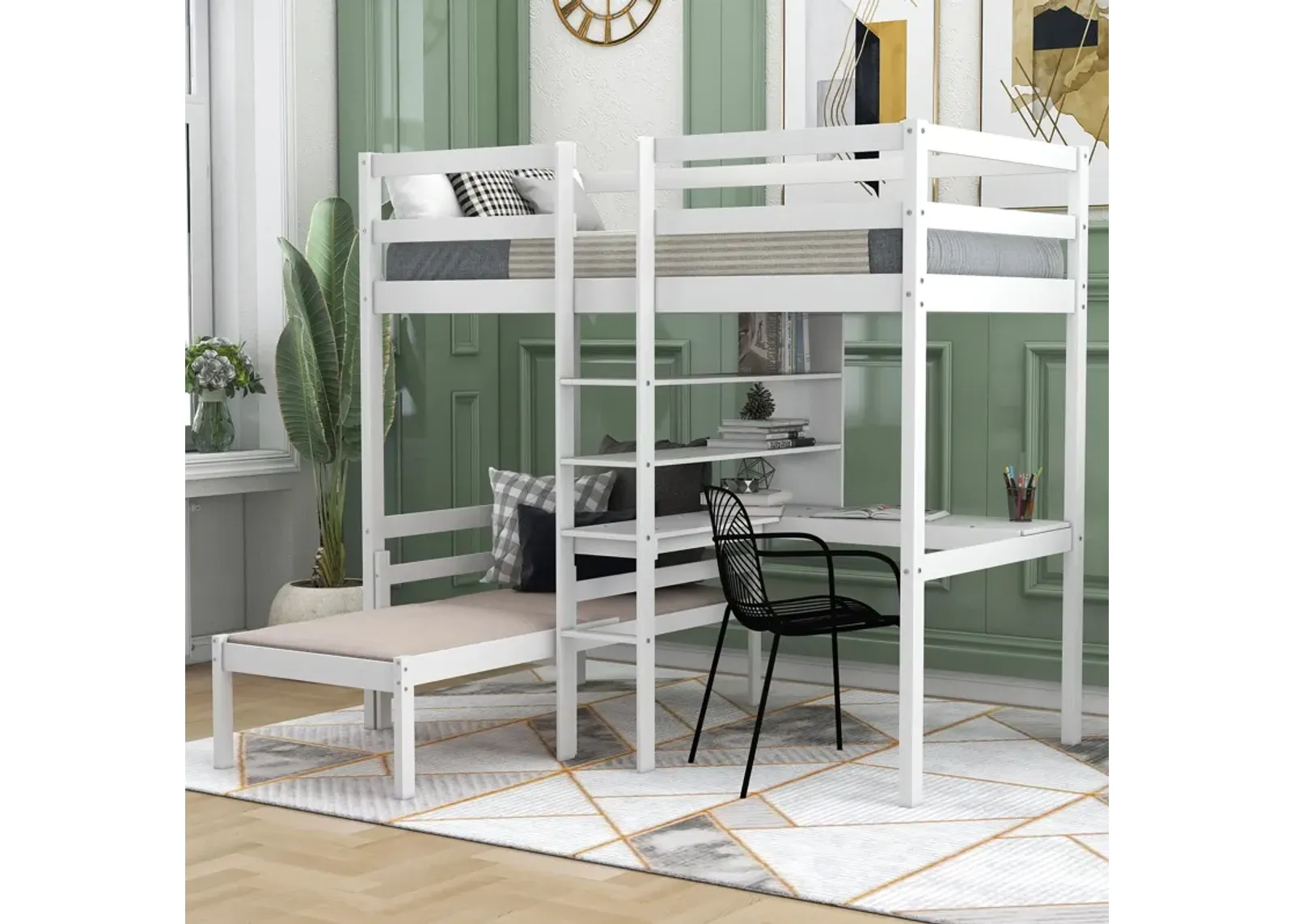 Convertible Loft Bed With L-Shape Desk, Twin Bunk Bed With Shelves And Ladder - White