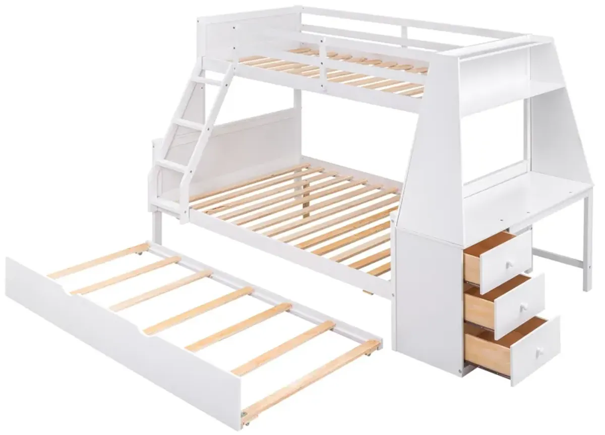 Twin Over Full Bunk Bed With Trundle And Built-In Desk, Three Storage Drawers And Shelf - White