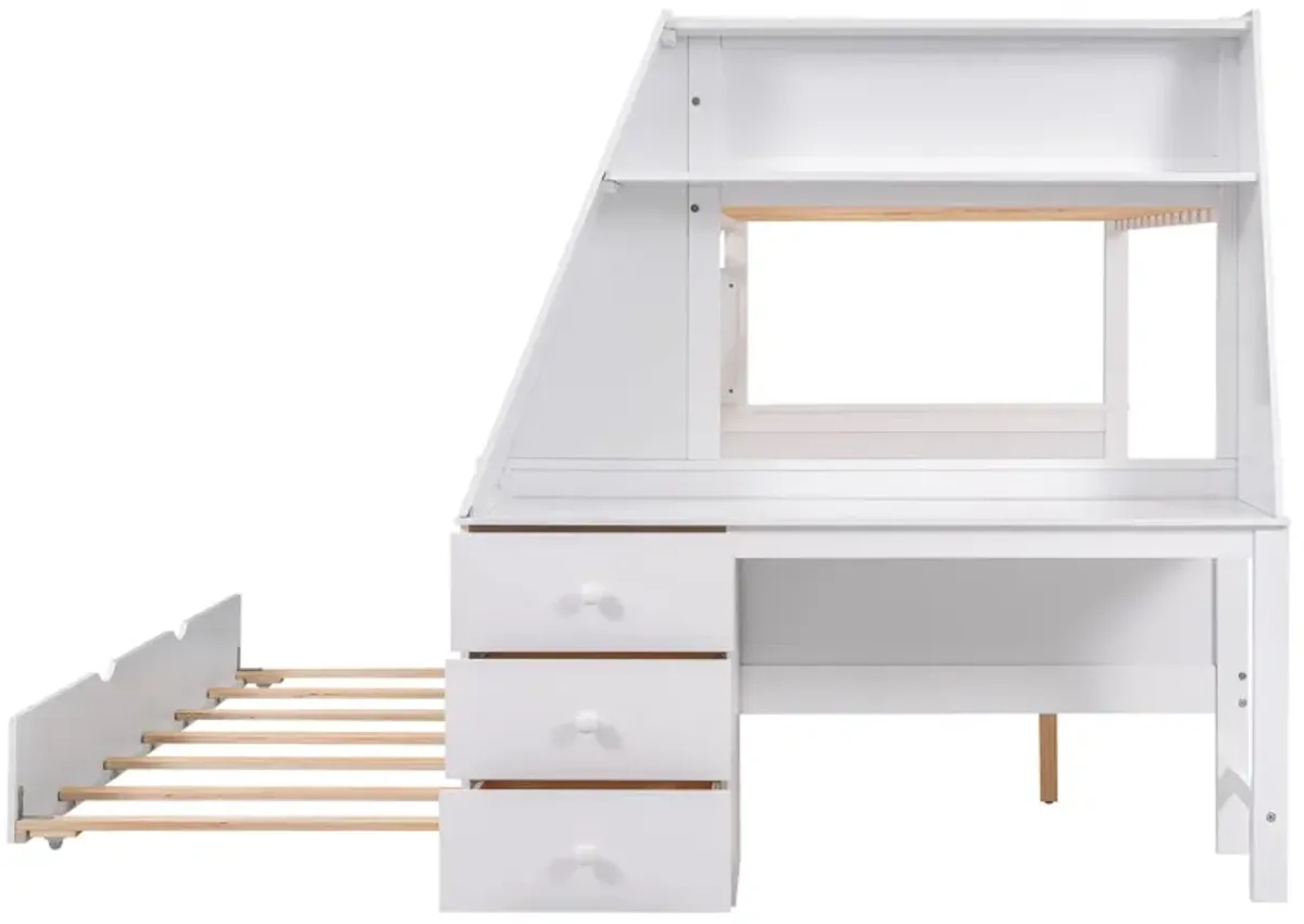 Twin Over Full Bunk Bed With Trundle And Built-In Desk, Three Storage Drawers And Shelf - White