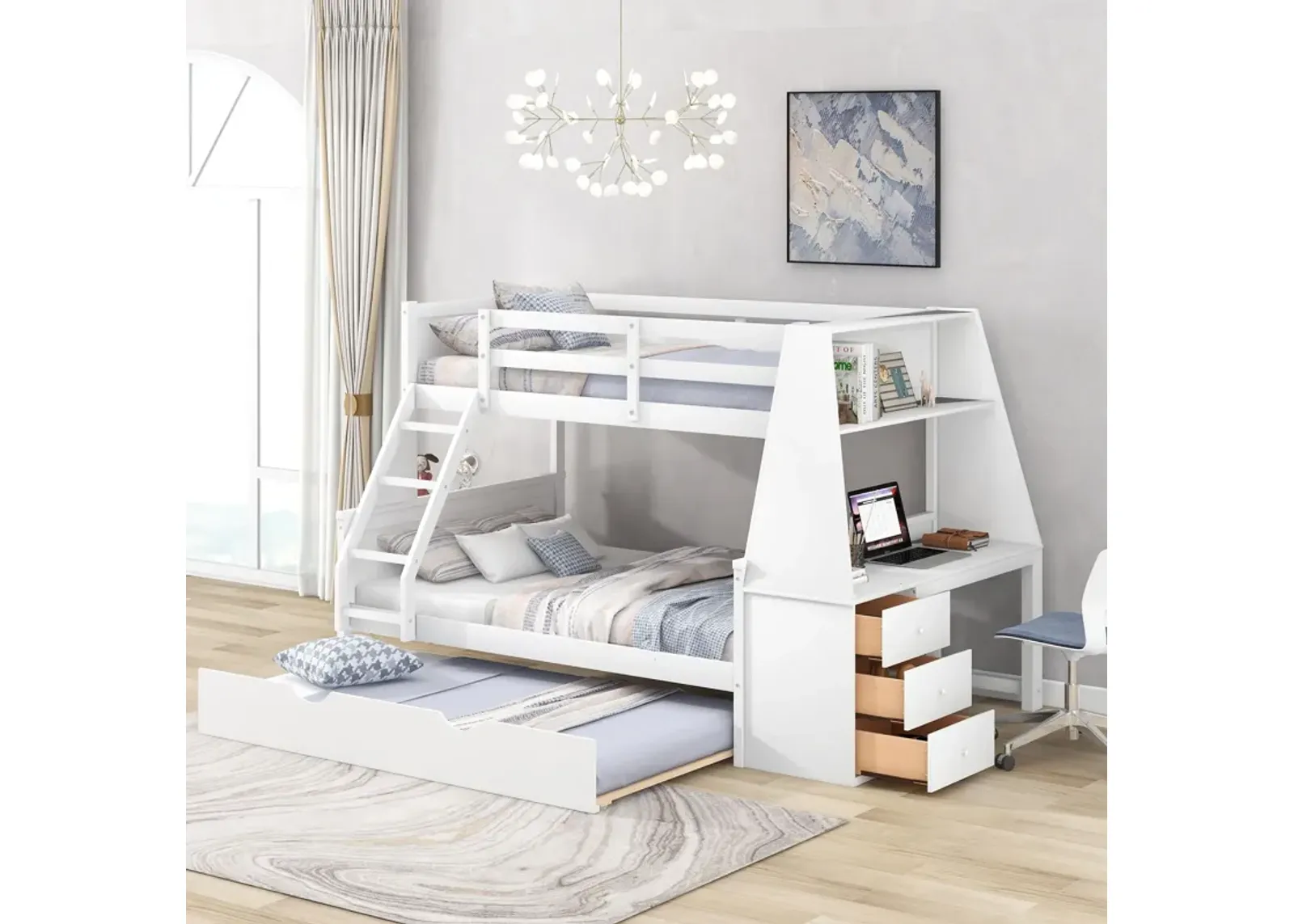 Twin Over Full Bunk Bed With Trundle And Built-In Desk, Three Storage Drawers And Shelf - White