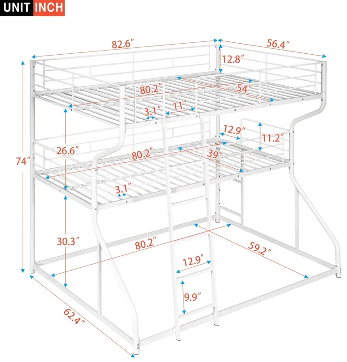 Full Long Over Twin Long Over Queen Size Triple Bunk Bed With Long And Short Ladder - White