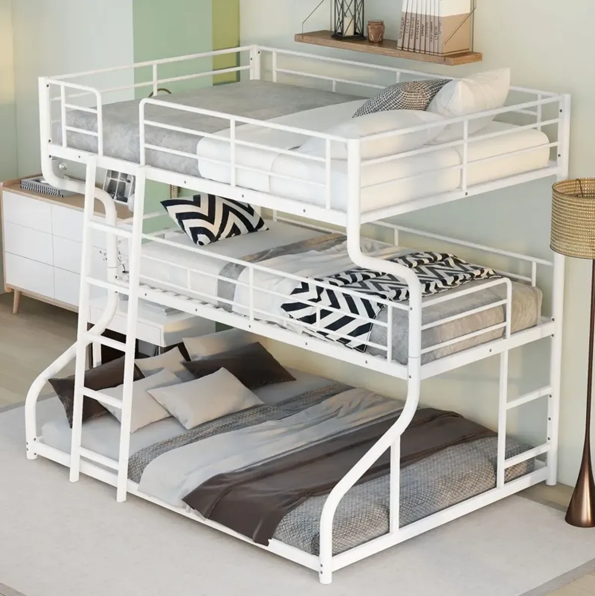 Full Long Over Twin Long Over Queen Size Triple Bunk Bed With Long And Short Ladder - White