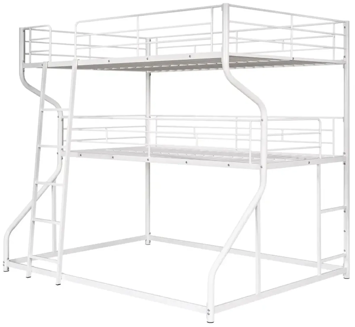 Full Long Over Twin Long Over Queen Size Triple Bunk Bed With Long And Short Ladder - White