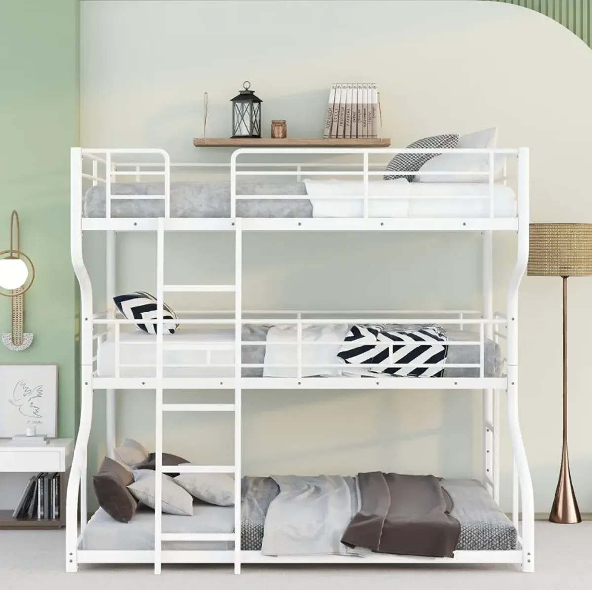 Full Long Over Twin Long Over Queen Size Triple Bunk Bed With Long And Short Ladder - White