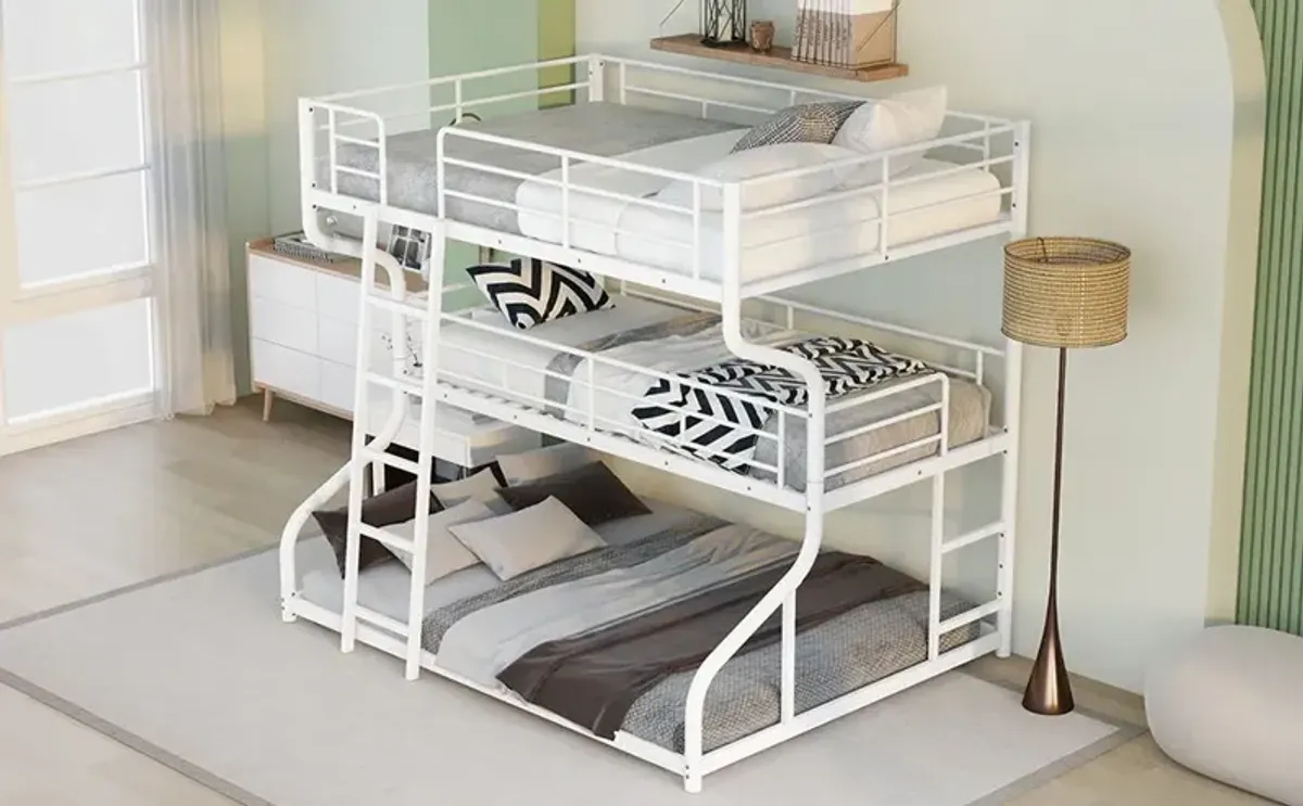 Full Long Over Twin Long Over Queen Size Triple Bunk Bed With Long And Short Ladder - White