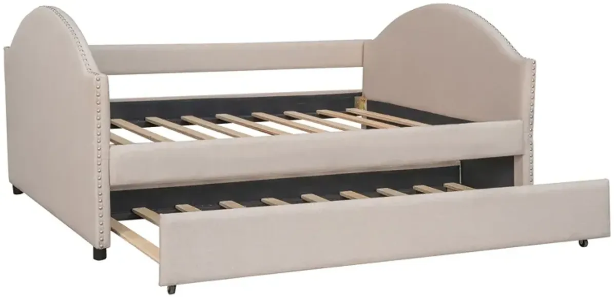 Full Size Upholstered Daybed With Twin Size Trundle, Wood Slat Support - Beige