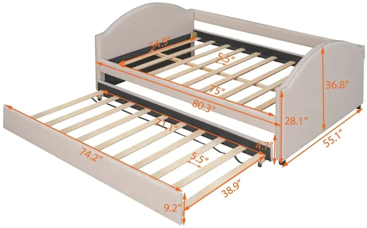 Full Size Upholstered Daybed With Twin Size Trundle, Wood Slat Support - Beige