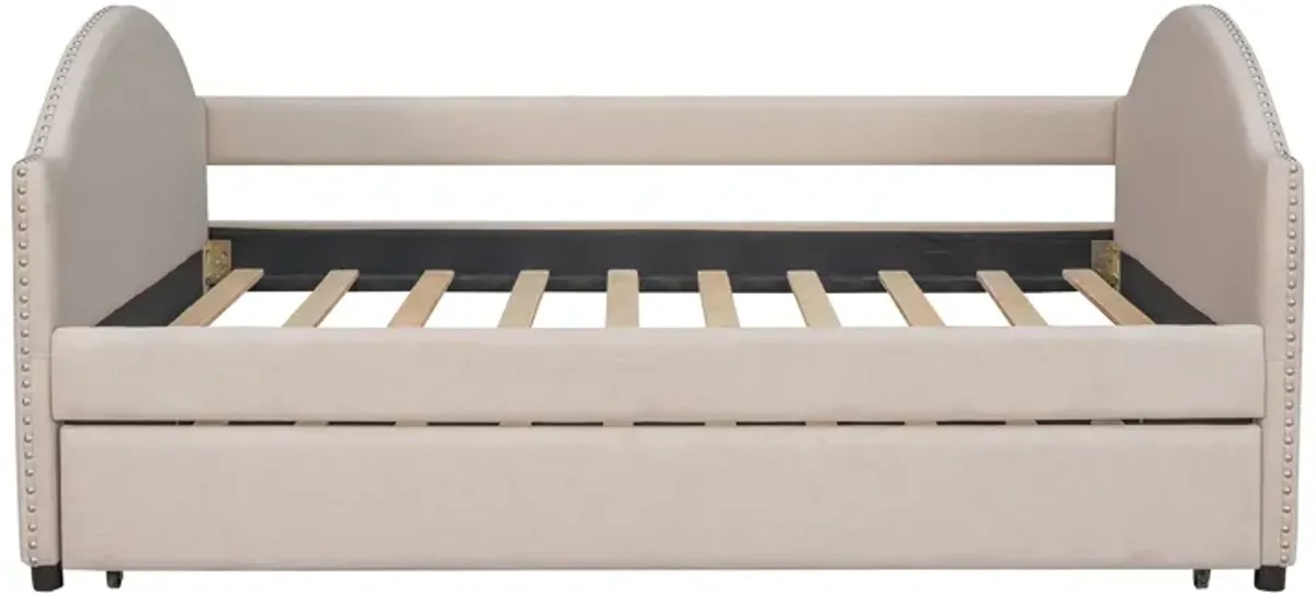 Full Size Upholstered Daybed With Twin Size Trundle, Wood Slat Support - Beige