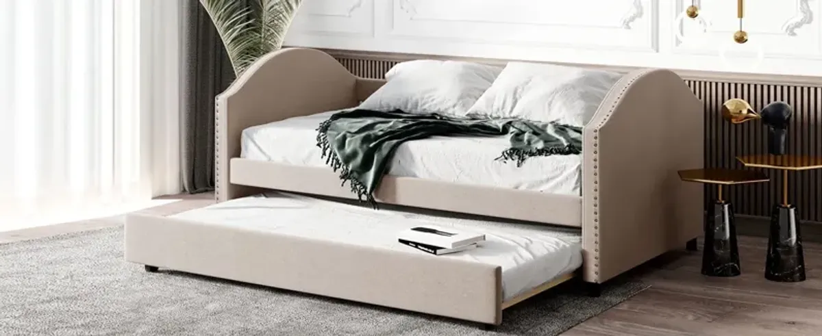 Full Size Upholstered Daybed With Twin Size Trundle, Wood Slat Support - Beige